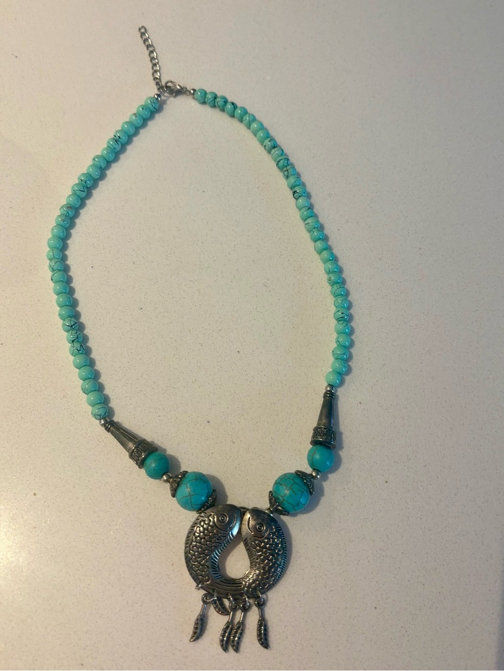 Source Unknown Turquoise Bead Necklace with Silver Double Fish Pendant